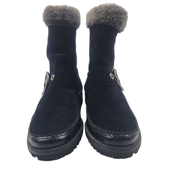 Stuart Weitzman Suede Leather Fur Lined Wedge Boots Black Women's 5 - Picture 2 of 12